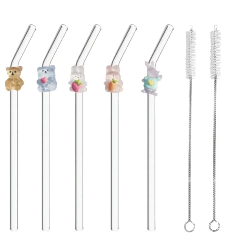 4/5PCS Rabbit & Bear Glass Straws，Cute reusable for iced coffee & drinks. Perfect picnics & parties. Ideal Mother's Day gift.