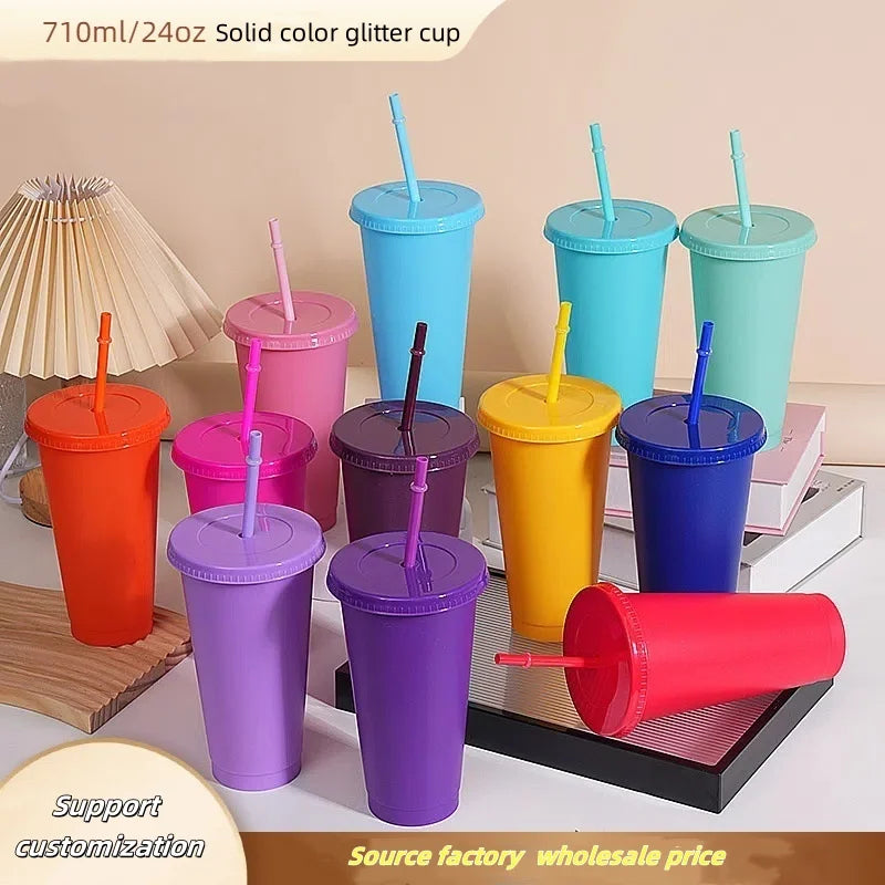 Assorted solid color reusable 710ml 24oz plastic cup cold cup coloured cup takeaway straw cup glasses with straw and lid