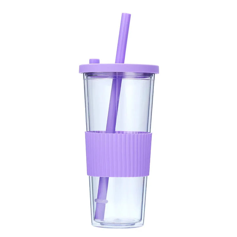 710ML Reusable Double-layer Plastic Colored Straw Cup Coffee Summer Ice Cup Portable Sports Cup With Cup Sleeve,Gift To Friend