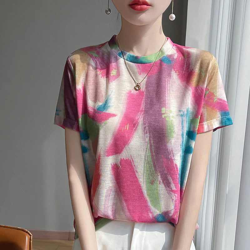 Spring And Summer New Round Neck Knitted Short Sleeve T-shirt Women's Printed Loose Bottoming Top