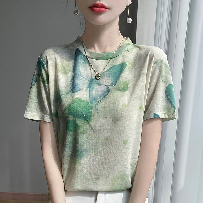 Spring And Summer New Round Neck Knitted Short Sleeve T-shirt Women's Printed Loose Bottoming Top