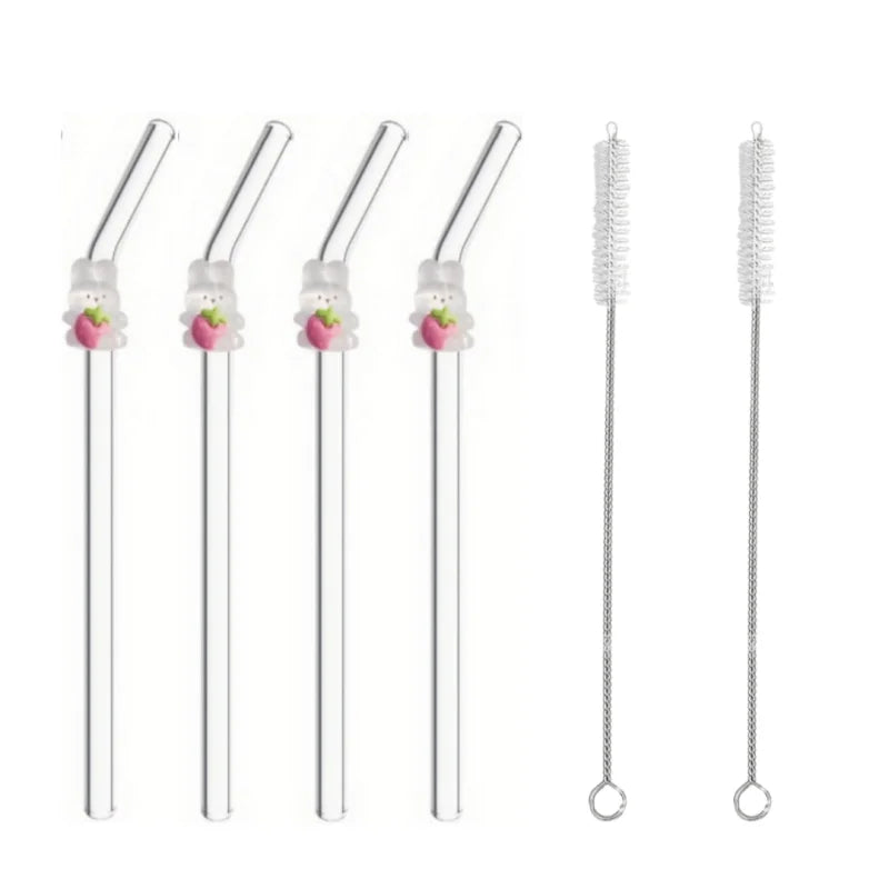 4/5PCS Rabbit & Bear Glass Straws，Cute reusable for iced coffee & drinks. Perfect picnics & parties. Ideal Mother's Day gift.