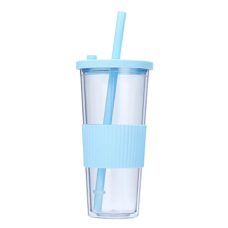 710ML Reusable Double-layer Plastic Colored Straw Cup Coffee Summer Ice Cup Portable Sports Cup With Cup Sleeve,Gift To Friend