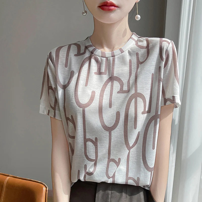 Spring And Summer New Round Neck Knitted Short Sleeve T-shirt Women's Printed Loose Bottoming Top