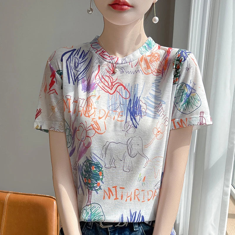 Spring And Summer New Round Neck Knitted Short Sleeve T-shirt Women's Printed Loose Bottoming Top