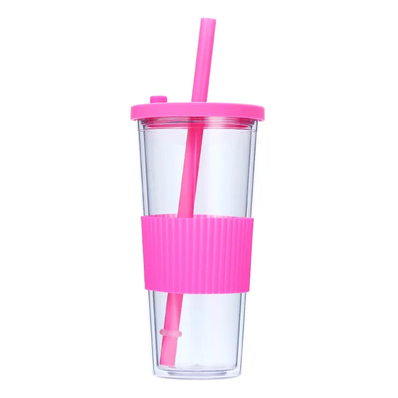 710ML Reusable Double-layer Plastic Colored Straw Cup Coffee Summer Ice Cup Portable Sports Cup With Cup Sleeve,Gift To Friend