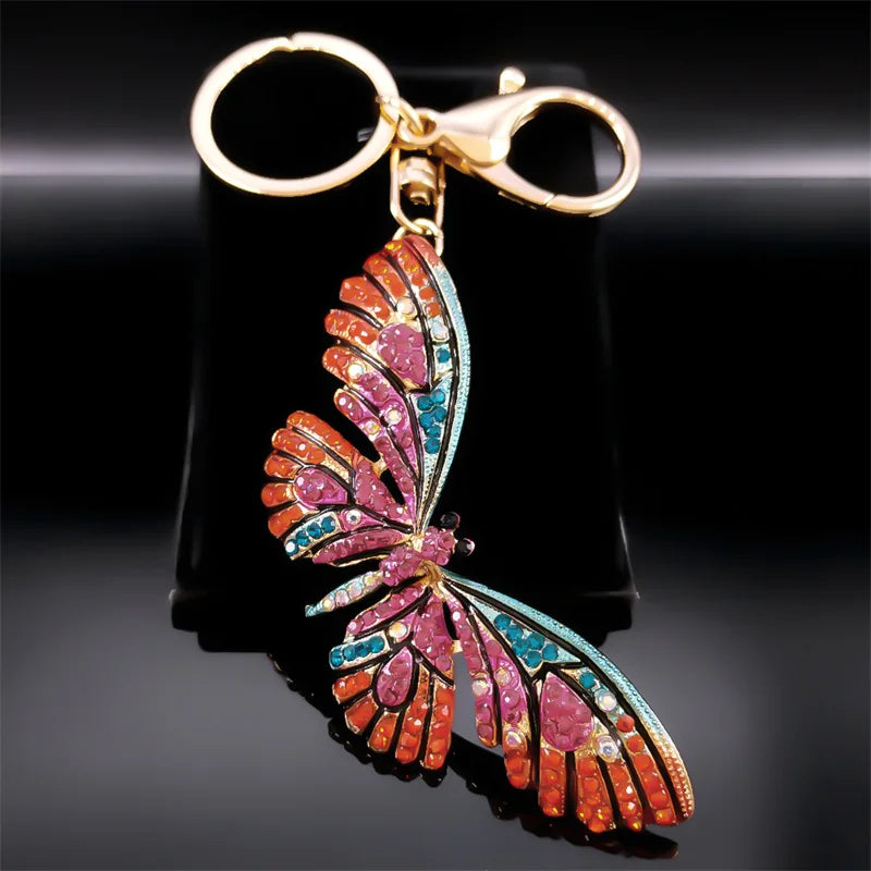 Colorful Rhinestone Butterfly Key Chain Pendant Gold Color Metal Animal Insect Keyring for Women Girl Jewelry Gift llaveros