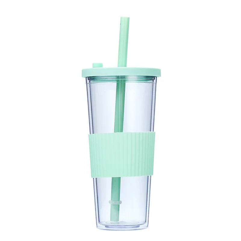 710ML Reusable Double-layer Plastic Colored Straw Cup Coffee Summer Ice Cup Portable Sports Cup With Cup Sleeve,Gift To Friend