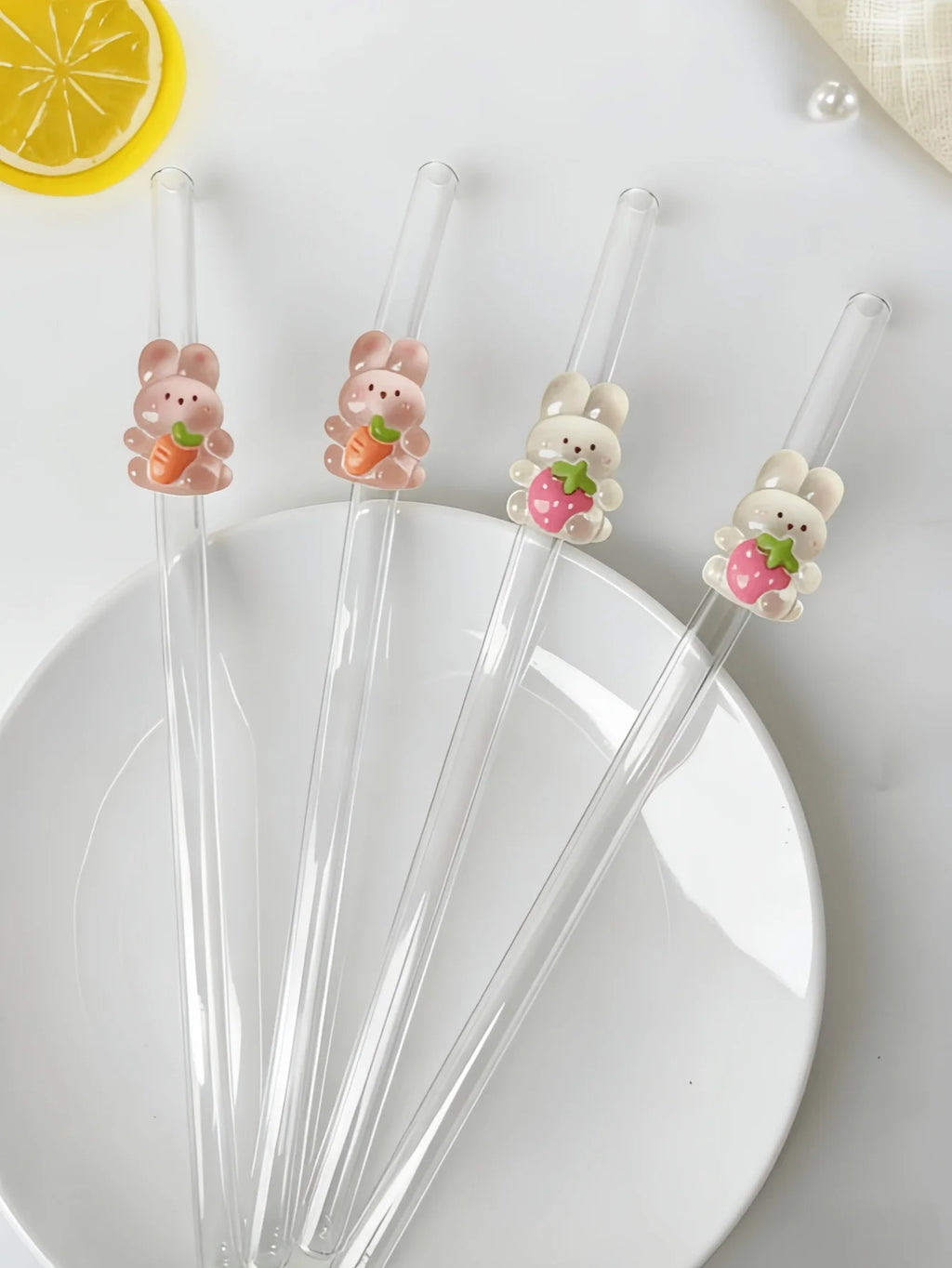 Bunny Strawberry Carrot Glass Straw,Reusable Curved Set for Cocktails, Smoothies, Pool Parties, Weddings, Beach.