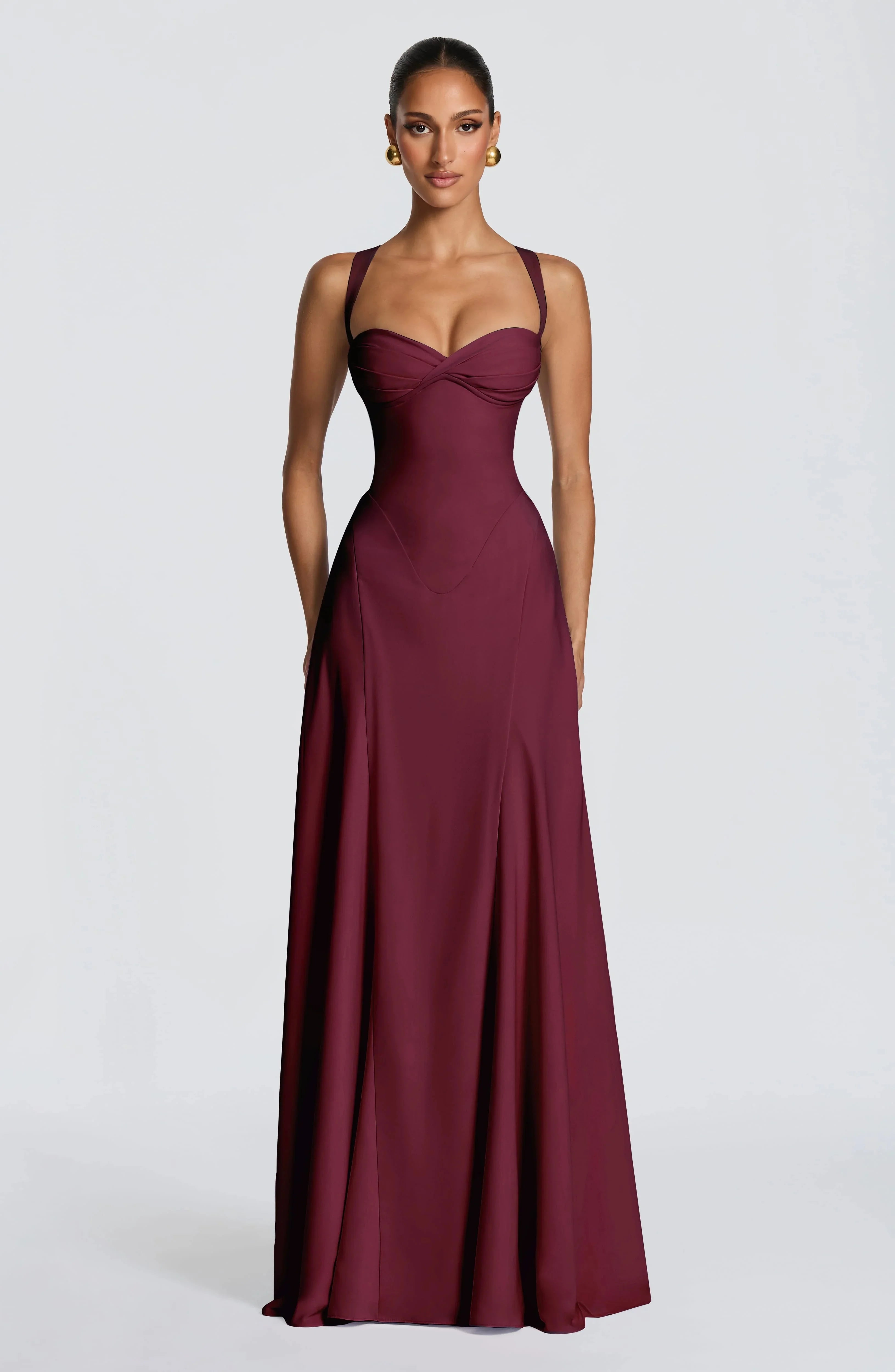 Minimal Burgundy Spaghetti Strap Prom Dress Twisted Draped Floor Length Evening Gown Women's Casual Dresses For Grand Events
