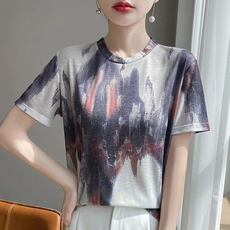 Spring And Summer New Round Neck Knitted Short Sleeve T-shirt Women's Printed Loose Bottoming Top
