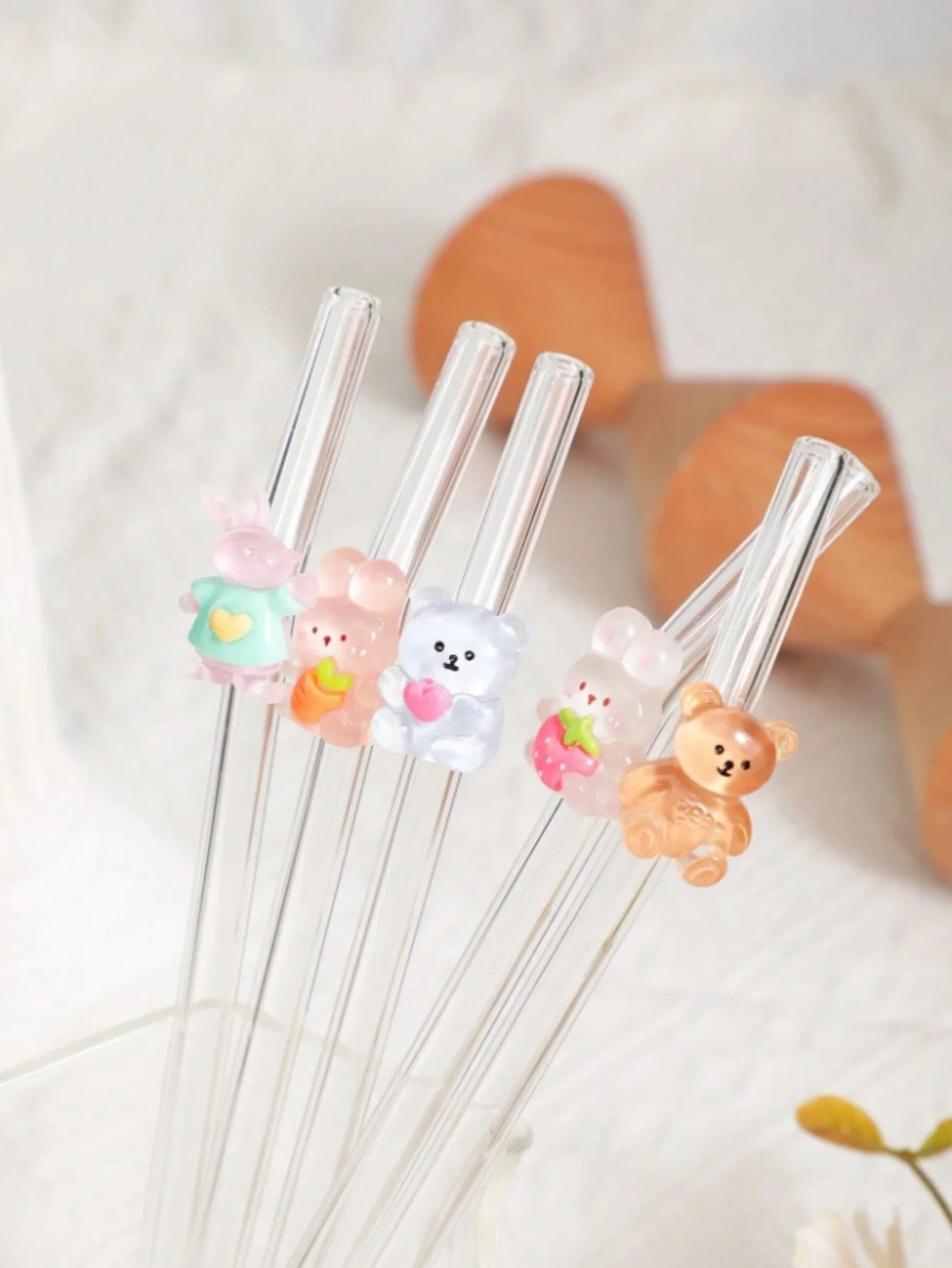 4/5PCS Rabbit & Bear Glass Straws，Cute reusable for iced coffee & drinks. Perfect picnics & parties. Ideal Mother's Day gift.