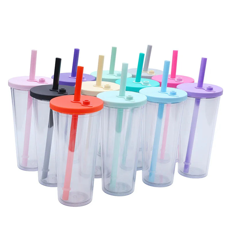 710ML Reusable Double-layer Plastic Colored Straw Cup Coffee Summer Ice Cup Portable Sports Cup With Cup Sleeve,Gift To Friend