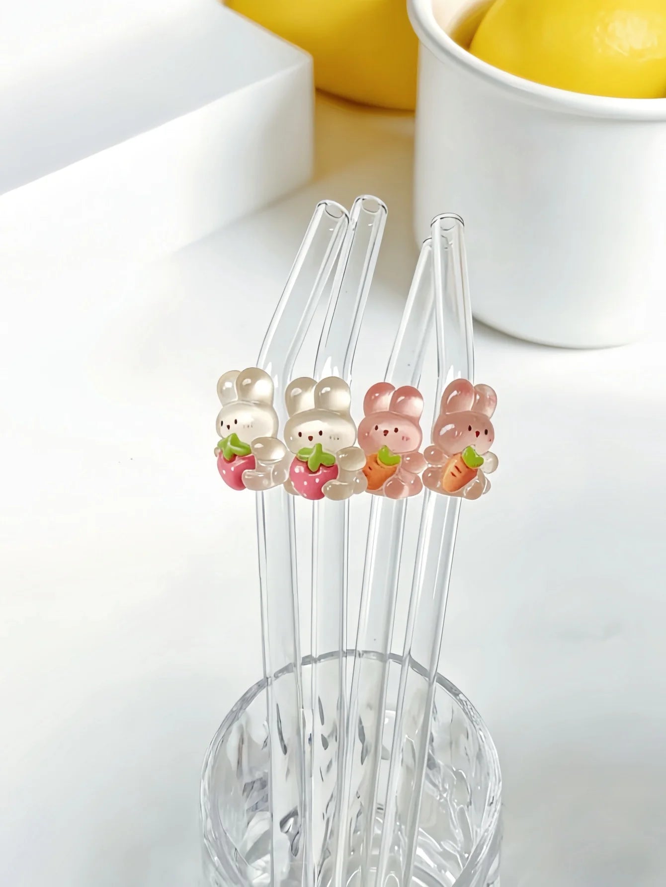 Bunny Strawberry Carrot Glass Straw,Reusable Curved Set for Cocktails, Smoothies, Pool Parties, Weddings, Beach.