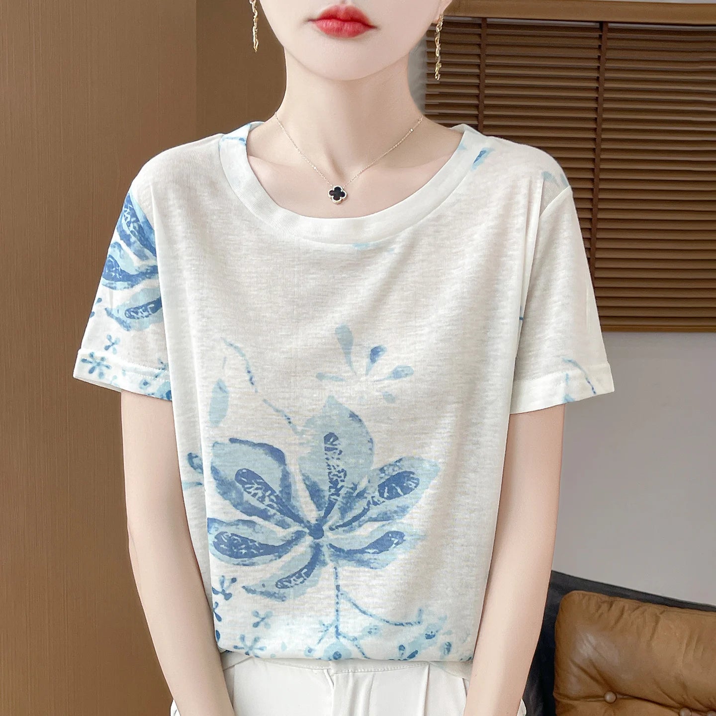 Spring And Summer New Round Neck Knitted Short Sleeve T-shirt Women's Printed Loose Bottoming Top