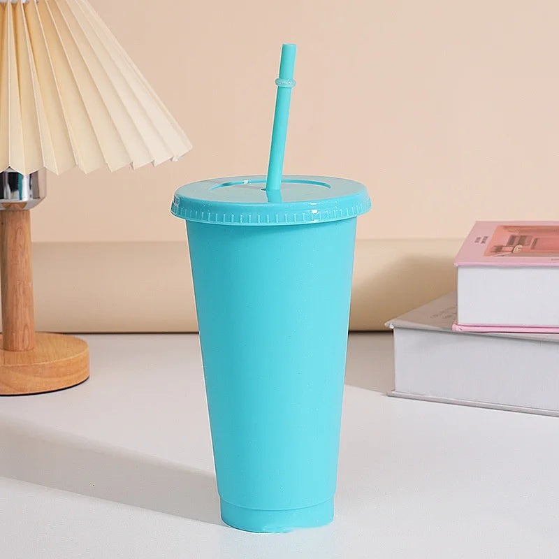 Assorted solid color reusable 710ml 24oz plastic cup cold cup coloured cup takeaway straw cup glasses with straw and lid