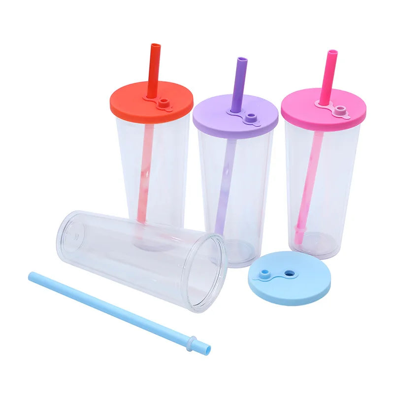710ML Reusable Double-layer Plastic Colored Straw Cup Coffee Summer Ice Cup Portable Sports Cup With Cup Sleeve,Gift To Friend