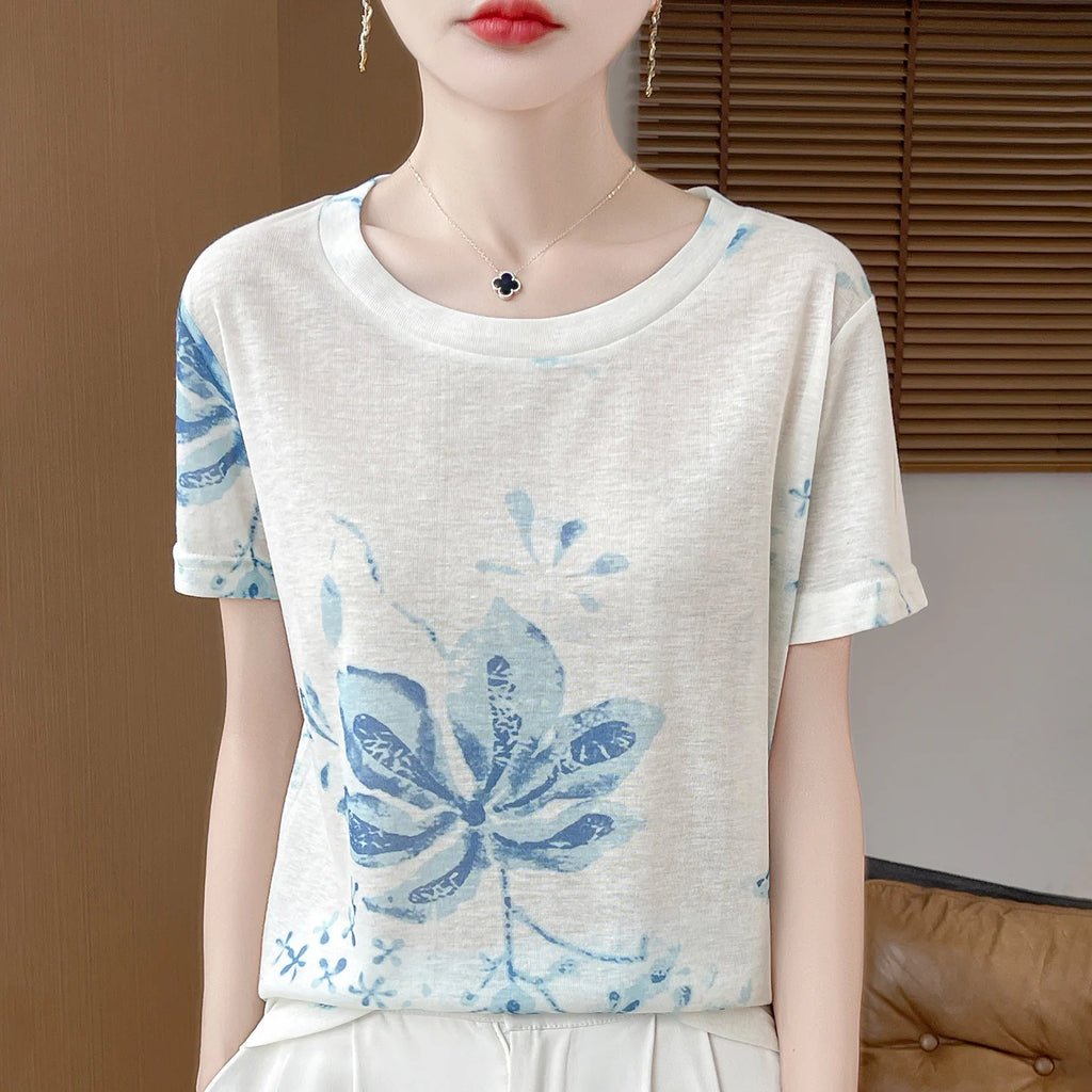 Spring And Summer New Round Neck Knitted Short Sleeve T-shirt Women's Printed Loose Bottoming Top