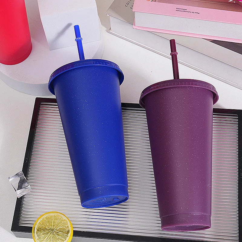 Assorted solid color reusable 710ml 24oz plastic cup cold cup coloured cup takeaway straw cup glasses with straw and lid