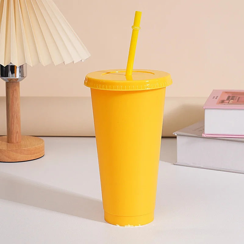 Assorted solid color reusable 710ml 24oz plastic cup cold cup coloured cup takeaway straw cup glasses with straw and lid