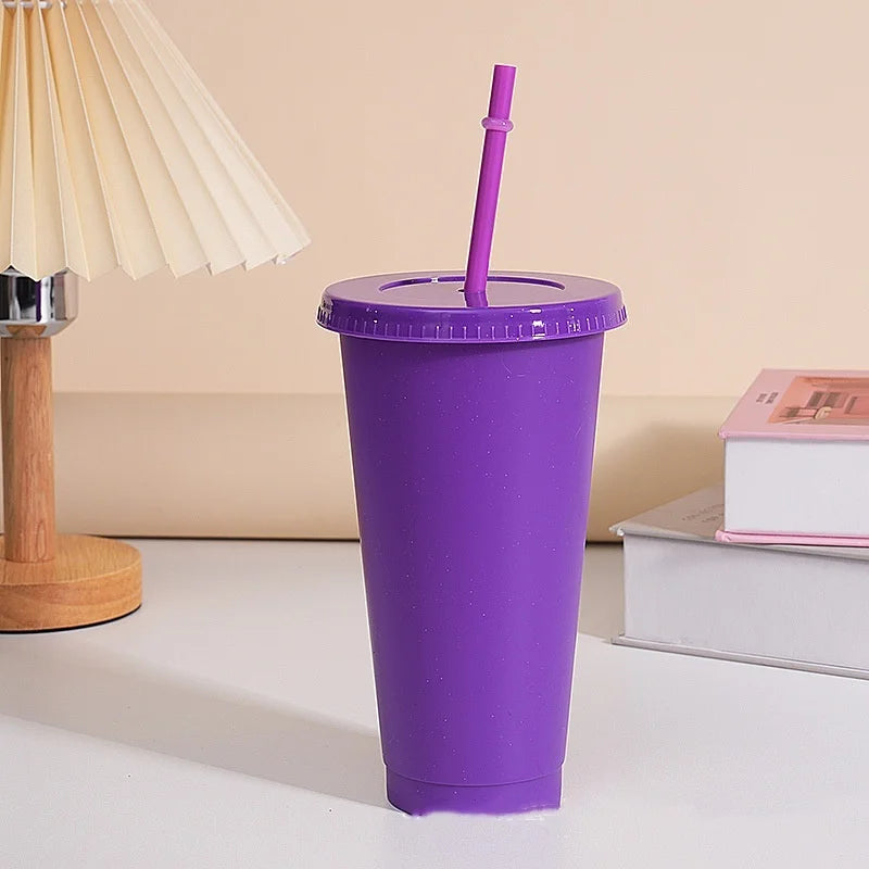 Assorted solid color reusable 710ml 24oz plastic cup cold cup coloured cup takeaway straw cup glasses with straw and lid