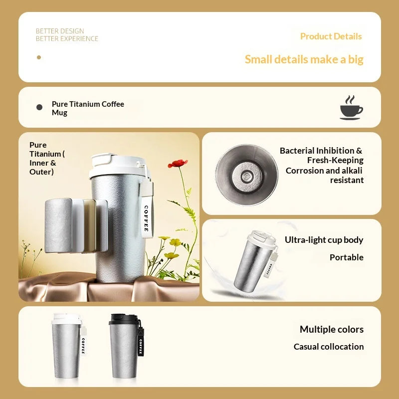 Pure Titanium Coffee Insulated Cup Dual Drinking Straw Water Cup Outdoor Portable Light Luxury High-end Business Cup