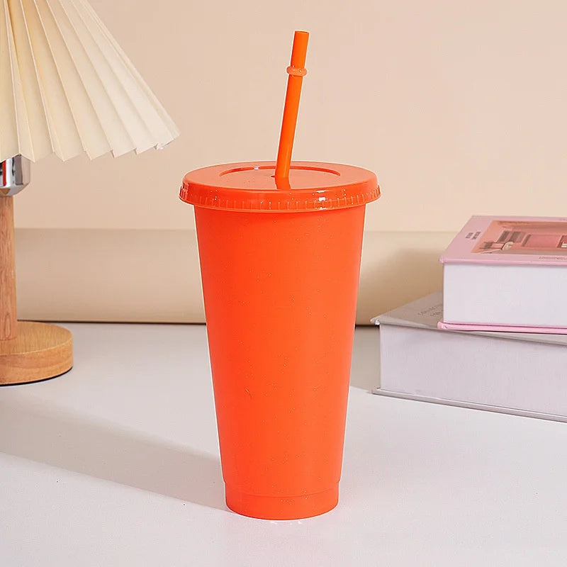 Assorted solid color reusable 710ml 24oz plastic cup cold cup coloured cup takeaway straw cup glasses with straw and lid