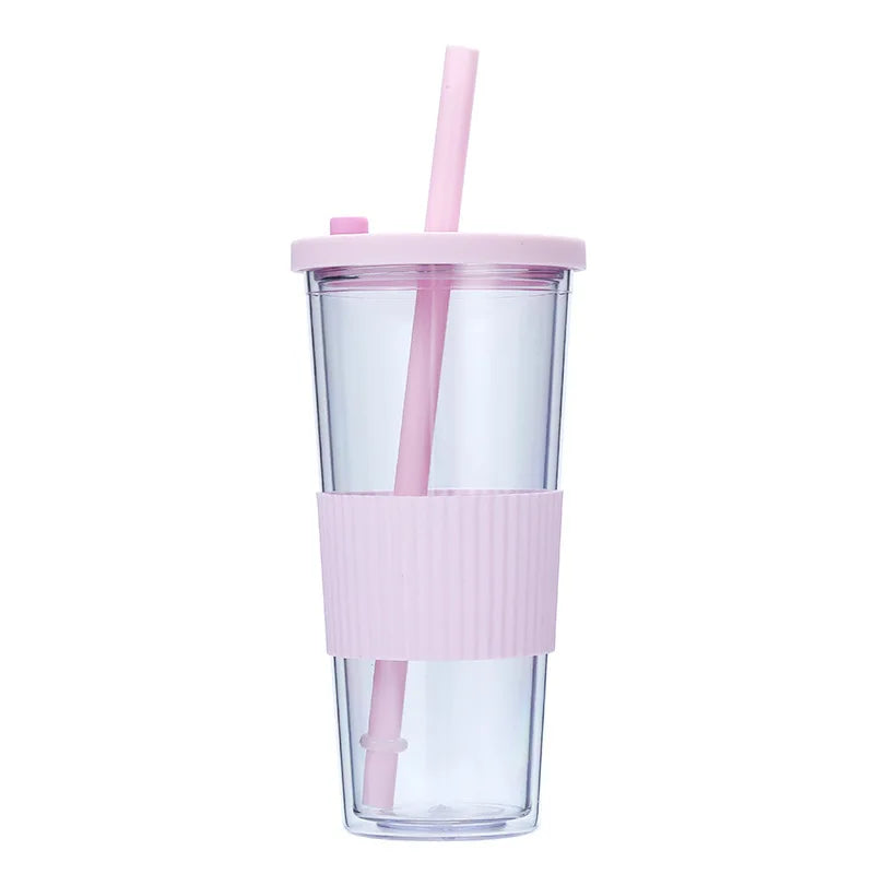 710ML Reusable Double-layer Plastic Colored Straw Cup Coffee Summer Ice Cup Portable Sports Cup With Cup Sleeve,Gift To Friend