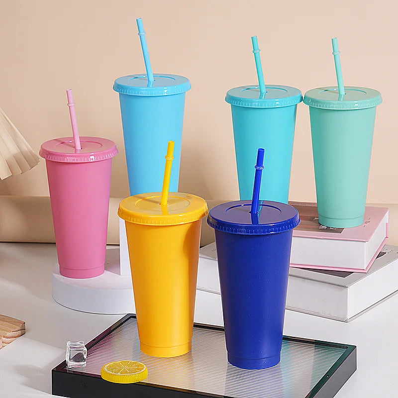 Assorted solid color reusable 710ml 24oz plastic cup cold cup coloured cup takeaway straw cup glasses with straw and lid