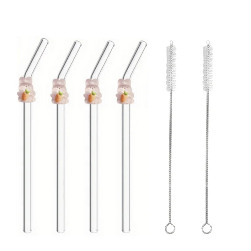 4/5PCS Rabbit & Bear Glass Straws，Cute reusable for iced coffee & drinks. Perfect picnics & parties. Ideal Mother's Day gift.