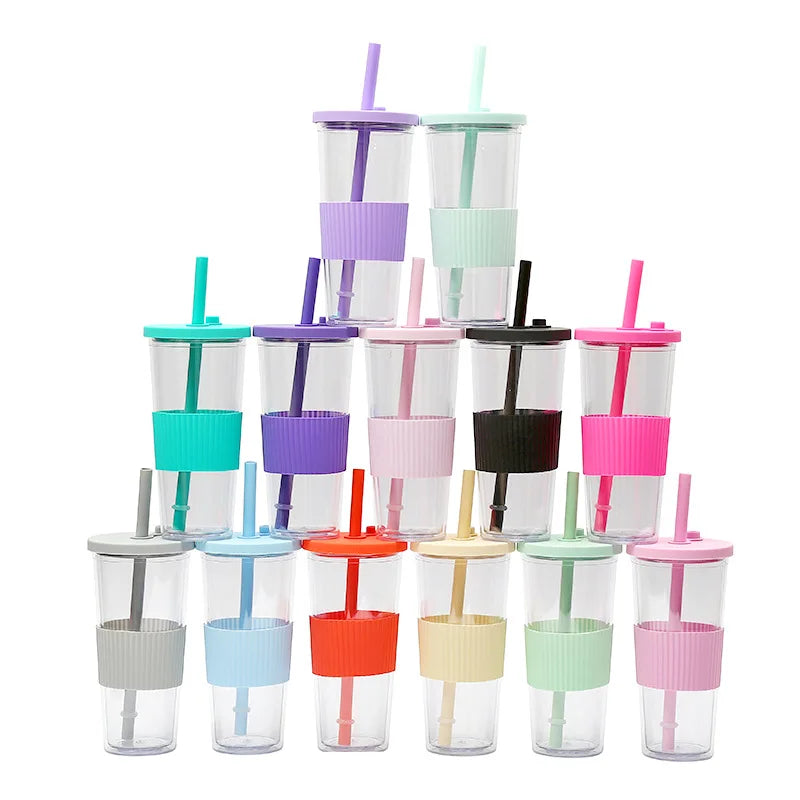 710ML Reusable Double-layer Plastic Colored Straw Cup Coffee Summer Ice Cup Portable Sports Cup With Cup Sleeve,Gift To Friend