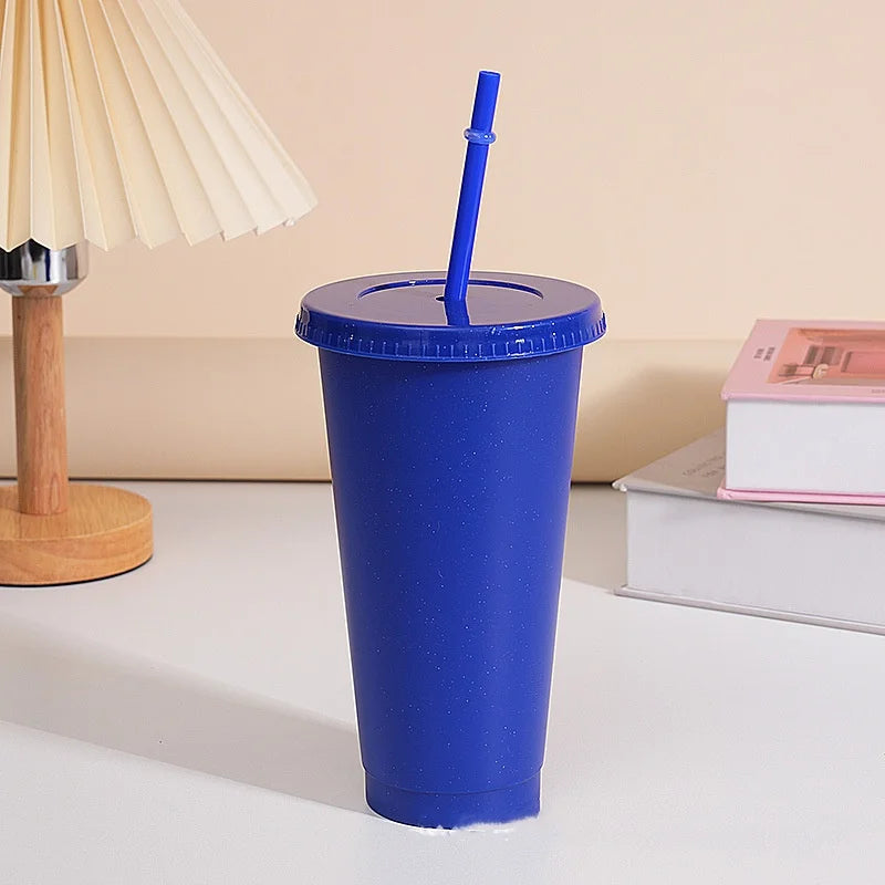 Assorted solid color reusable 710ml 24oz plastic cup cold cup coloured cup takeaway straw cup glasses with straw and lid