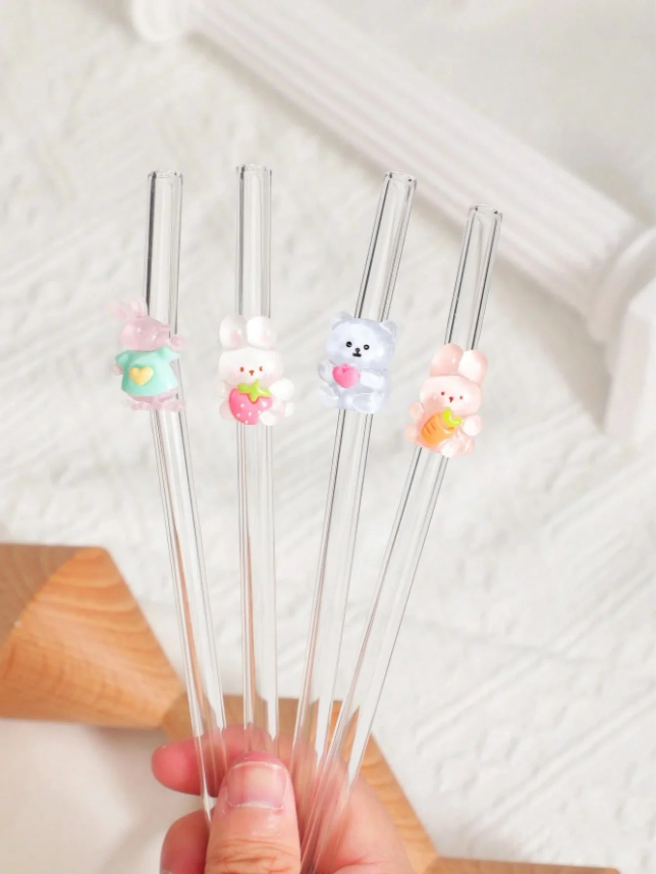 4/5PCS Rabbit & Bear Glass Straws，Cute reusable for iced coffee & drinks. Perfect picnics & parties. Ideal Mother's Day gift.