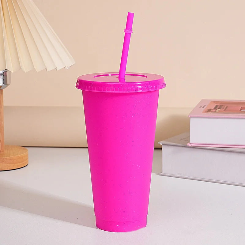 Assorted solid color reusable 710ml 24oz plastic cup cold cup coloured cup takeaway straw cup glasses with straw and lid