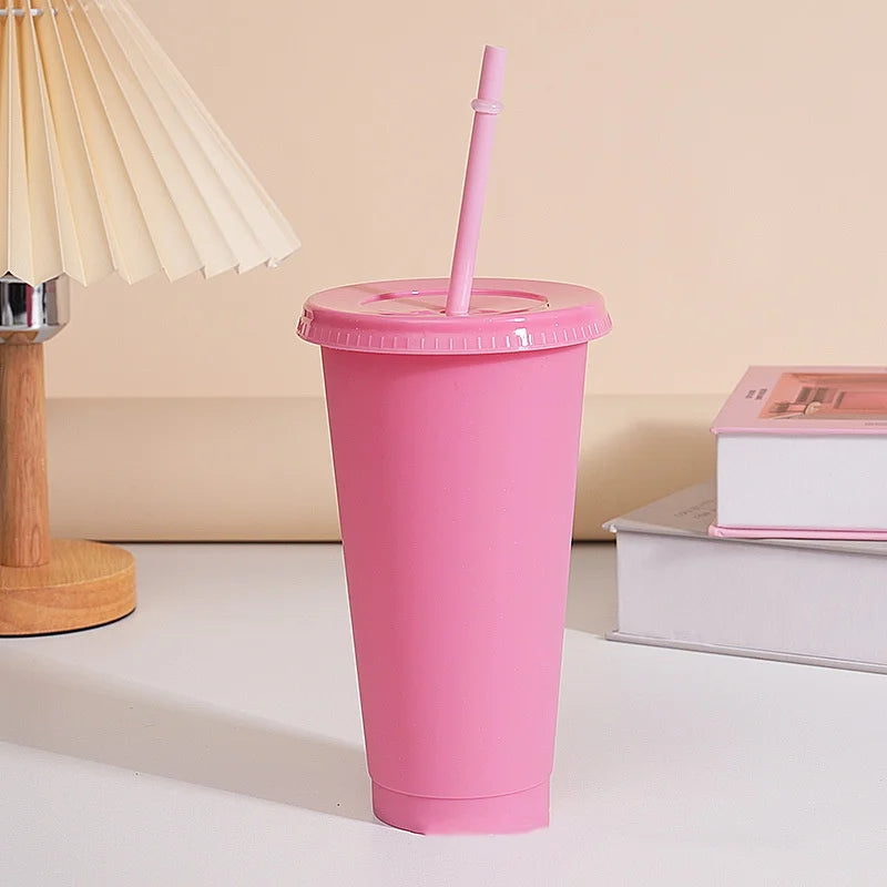 Assorted solid color reusable 710ml 24oz plastic cup cold cup coloured cup takeaway straw cup glasses with straw and lid