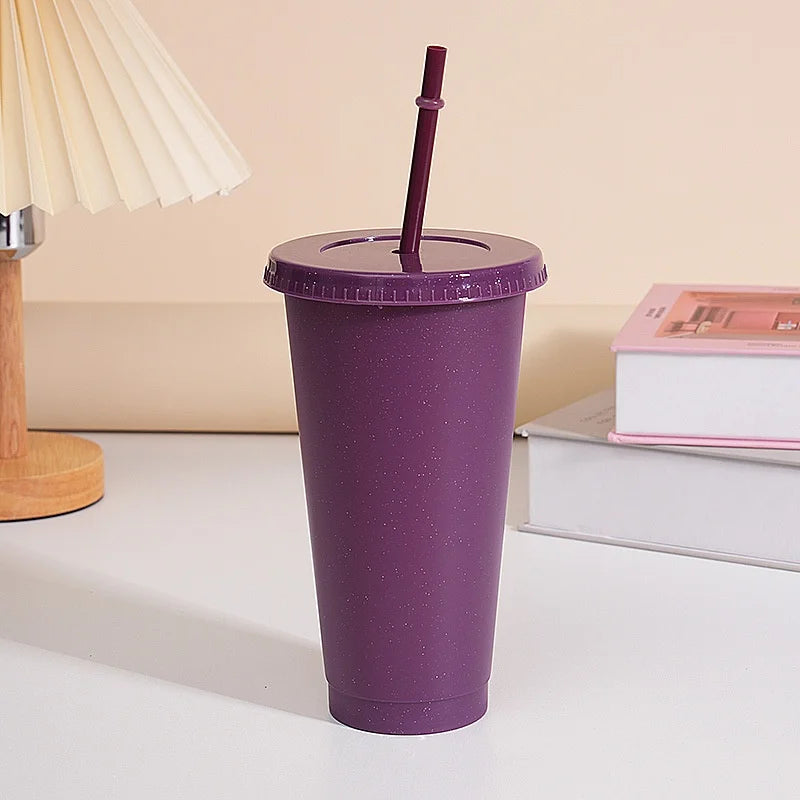 Assorted solid color reusable 710ml 24oz plastic cup cold cup coloured cup takeaway straw cup glasses with straw and lid
