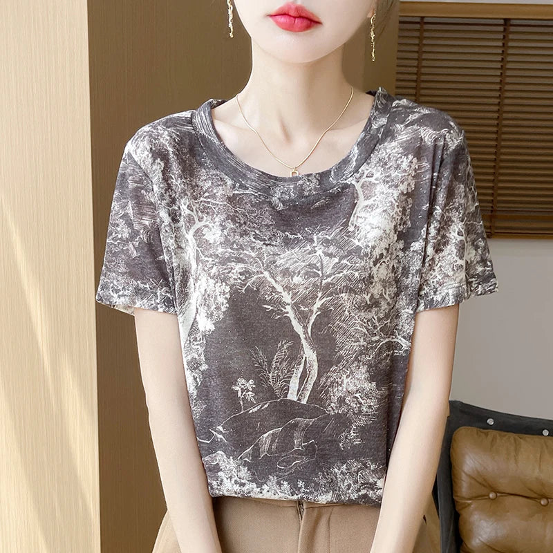 Spring And Summer New Round Neck Knitted Short Sleeve T-shirt Women's Printed Loose Bottoming Top