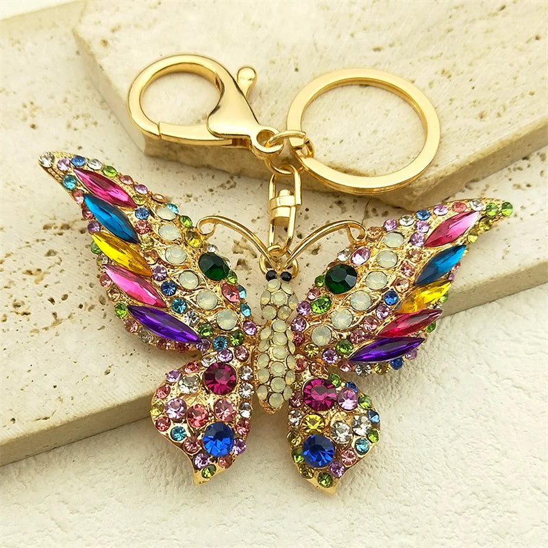 Colorful Rhinestone Butterfly Key Chain Pendant Gold Color Metal Animal Insect Keyring for Women Girl Jewelry Gift llaveros