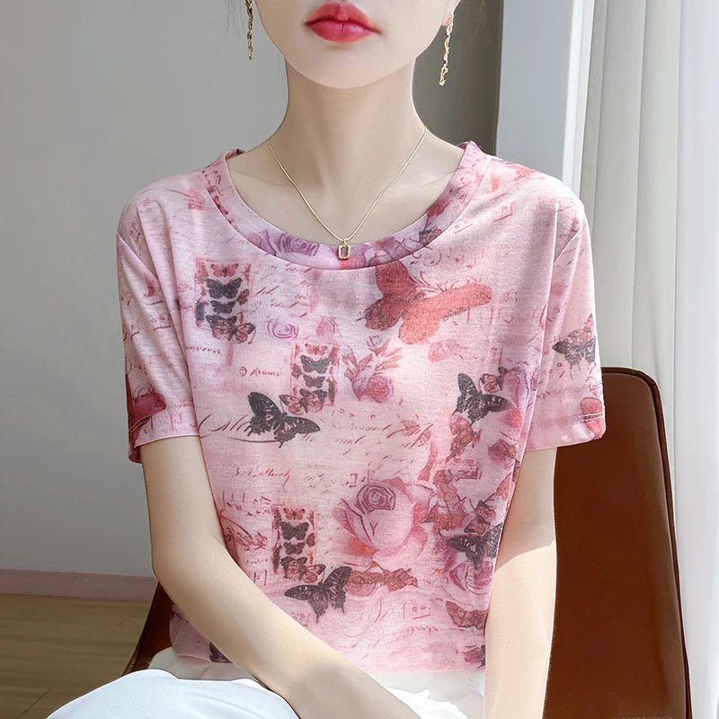 Spring And Summer New Round Neck Knitted Short Sleeve T-shirt Women's Printed Loose Bottoming Top