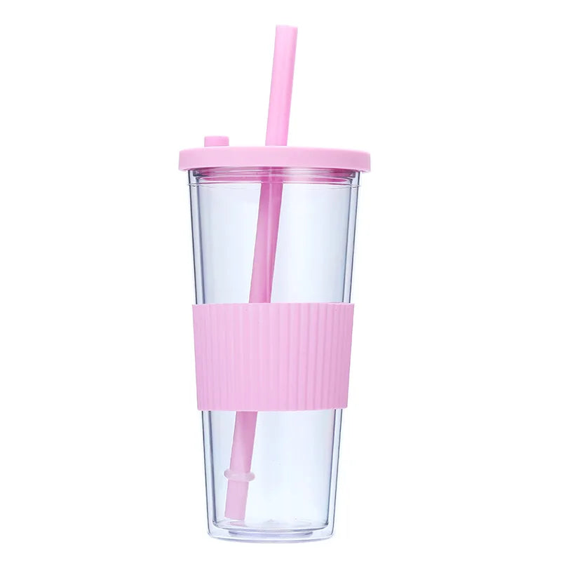 710ML Reusable Double-layer Plastic Colored Straw Cup Coffee Summer Ice Cup Portable Sports Cup With Cup Sleeve,Gift To Friend
