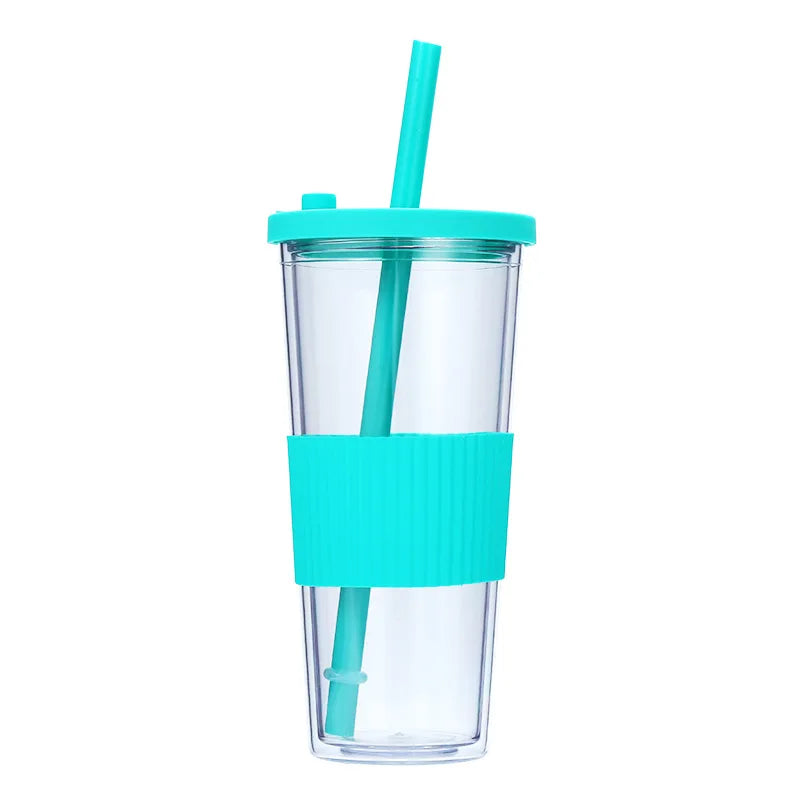710ML Reusable Double-layer Plastic Colored Straw Cup Coffee Summer Ice Cup Portable Sports Cup With Cup Sleeve,Gift To Friend