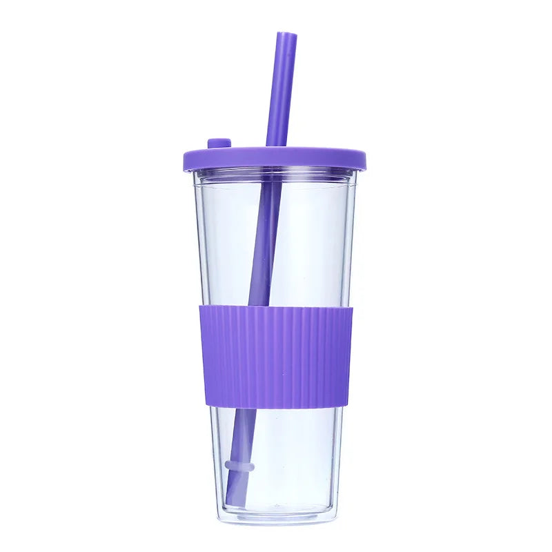 710ML Reusable Double-layer Plastic Colored Straw Cup Coffee Summer Ice Cup Portable Sports Cup With Cup Sleeve,Gift To Friend
