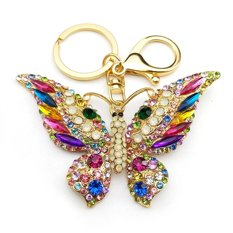 Colorful Rhinestone Butterfly Key Chain Pendant Gold Color Metal Animal Insect Keyring for Women Girl Jewelry Gift llaveros