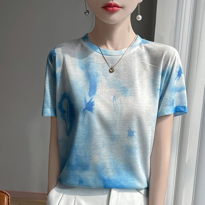 Spring And Summer New Round Neck Knitted Short Sleeve T-shirt Women's Printed Loose Bottoming Top