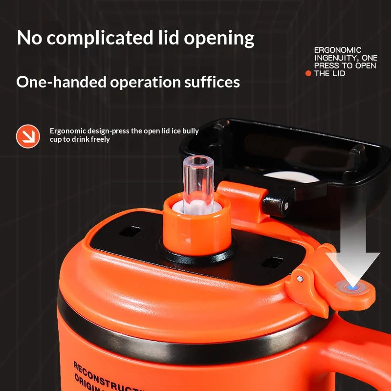 Robo-armor-style portable insulated cup with built-in sport mode quick-open straw and car-mounted ice maker