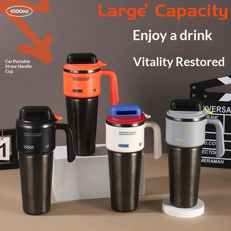 Robo-armor-style portable insulated cup with built-in sport mode quick-open straw and car-mounted ice maker