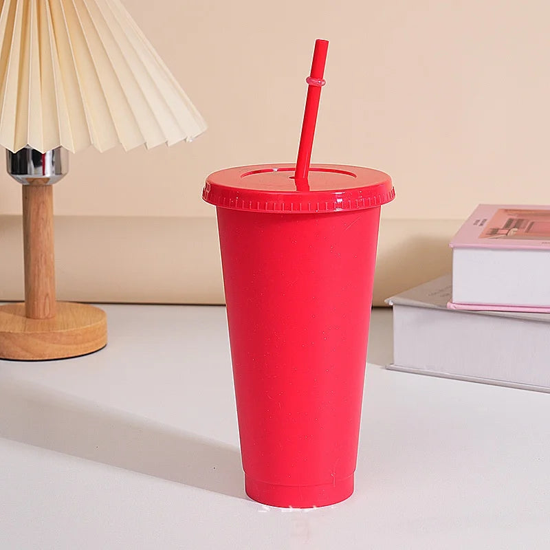 Assorted solid color reusable 710ml 24oz plastic cup cold cup coloured cup takeaway straw cup glasses with straw and lid