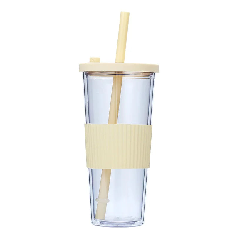 710ML Reusable Double-layer Plastic Colored Straw Cup Coffee Summer Ice Cup Portable Sports Cup With Cup Sleeve,Gift To Friend