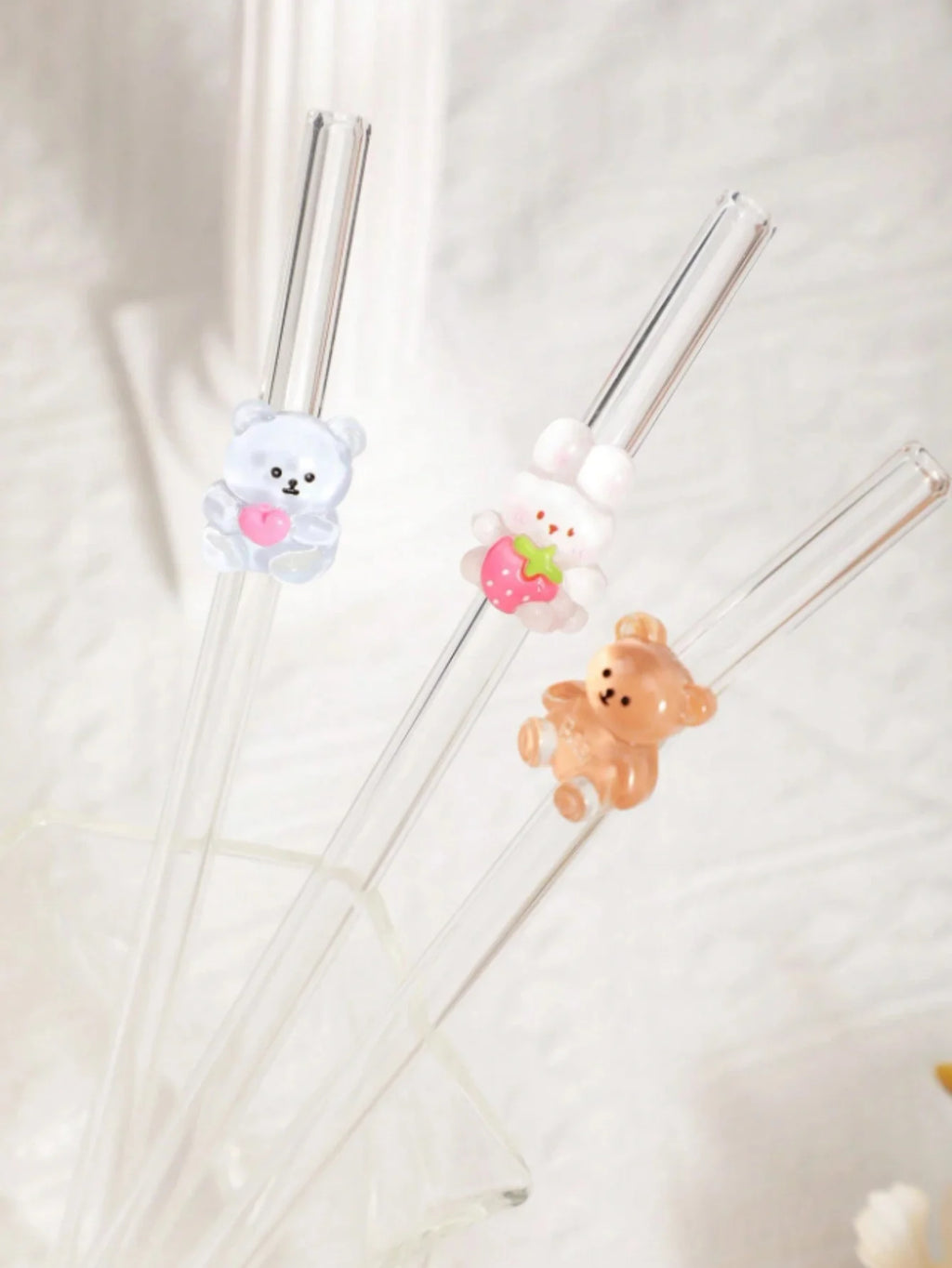 4/5PCS Rabbit & Bear Glass Straws，Cute reusable for iced coffee & drinks. Perfect picnics & parties. Ideal Mother's Day gift.
