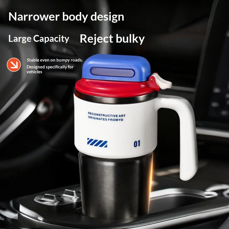 Robo-armor-style portable insulated cup with built-in sport mode quick-open straw and car-mounted ice maker
